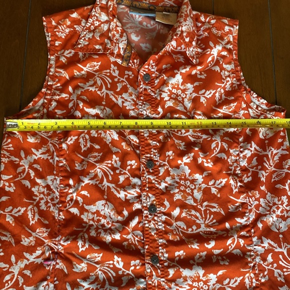 FAR WEST Printed Nylon Sleeveless Button Down Orange/White Grey Buttons Size M - Picture 8 of 11